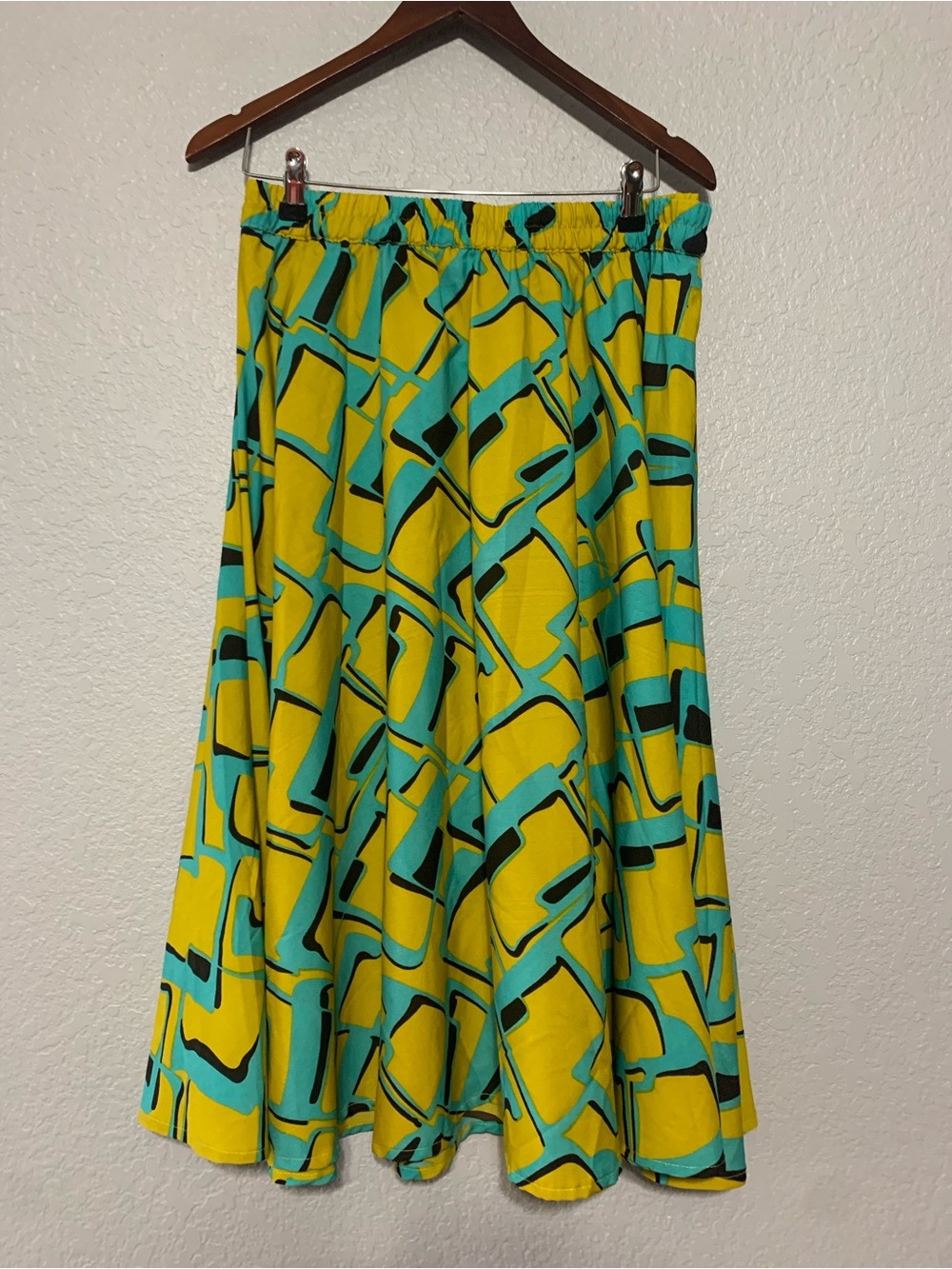 Vibrant Yellow & Teal Geometric Midi Skirt